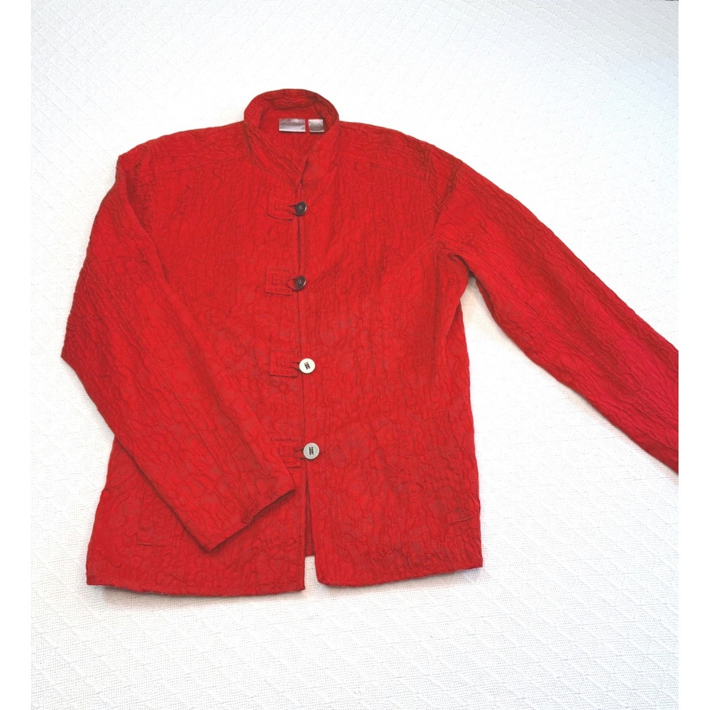 Chico's Red Textured Mandarin Collar Button Front Jacket Size 1 M
